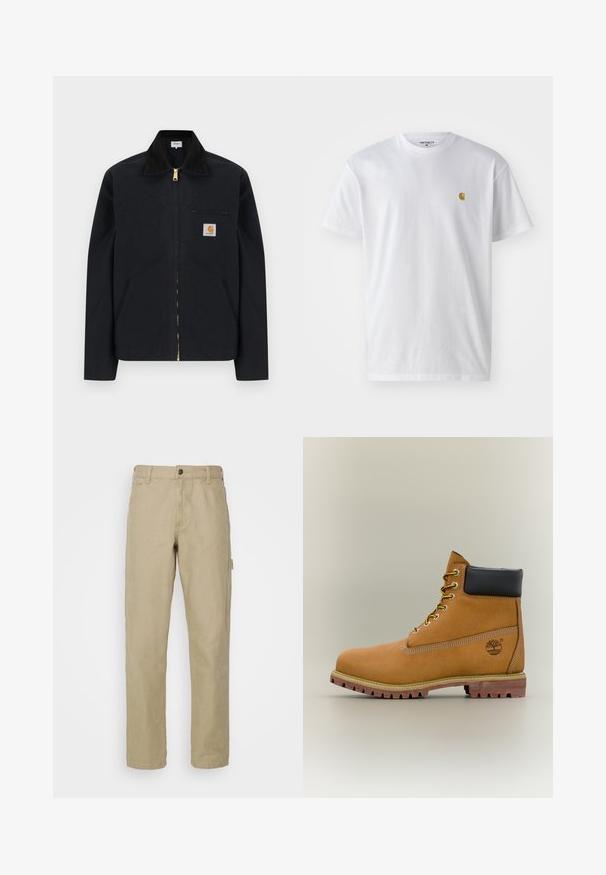 Zwarte jas met ritssluiting, zwarte kraag, steekzakken aan de voorkant, borstzak met rits en Carhartt-logo op de linkerborst.; Witte katoenen t-shirt met korte mouwen en ronde hals, voorzien van een klein gouden logo op de linkerkant van de borst. Zachte textuur en een normale pasvorm.; Beige katoenen broeken met een rechte pijp, voorzien van een frontknopen sluiting, vijf zakken en een zijcargo zak.; Bruine leren enkellaars met zwarte kraag, gele veters en een zandkleurige zool. Voorzien van een logo en witte stikseldetails. Robuuste loopzool met grip.