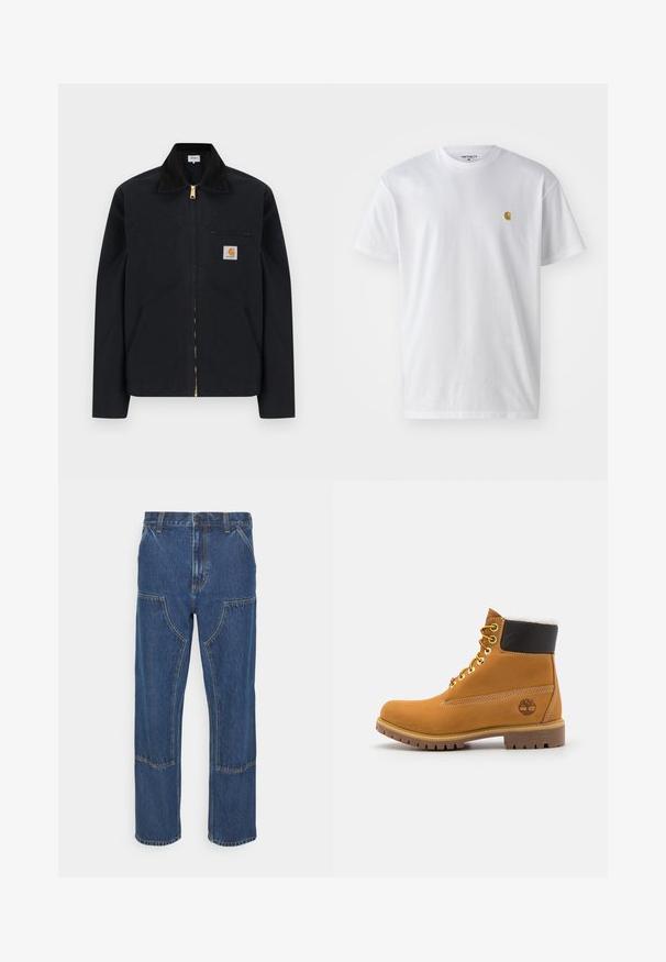 Zwarte jas met ritssluiting, zwarte kraag, steekzakken aan de voorkant, borstzak met rits en Carhartt-logo op de linkerborst.; Witte katoenen t-shirt met korte mouwen en ronde hals, voorzien van een klein gouden logo op de linkerkant van de borst. Zachte textuur en een normale pasvorm.; Blauwe spijkerbroek met een rechte pijp, voorzakken en contrasterende stiksels. De stof heeft een klassieke textuur en afwerking.; Bruine leren enkellaars met metalen oogjes, witte faux bont voering, zwarte gewatteerde kraag, robuuste zool en een reliëflogo aan de zijkant.