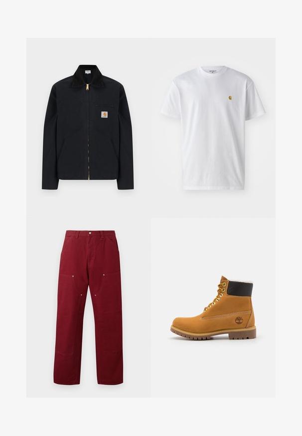 Sort lynlåstrøje med sort krave, lommer foran, brystlomme med lynlås og Carhartt-logo på venstre bryst.; Hvid bomulds t-shirt med korte ærmer, rund hals og et lille guld logo på venstre brystområde. Blød tekstur og almindelig pasform.; Bordeaux farvede bomuldsbukser med lige snit, som har to forlommer, sølvhardware og knædetaljer. Glat tekstur, mellem vægt.; Brune læder ankelstøvle med metaløjer, hvid pelsforing, sort polstret krave, robust sål og præget logo på siden.