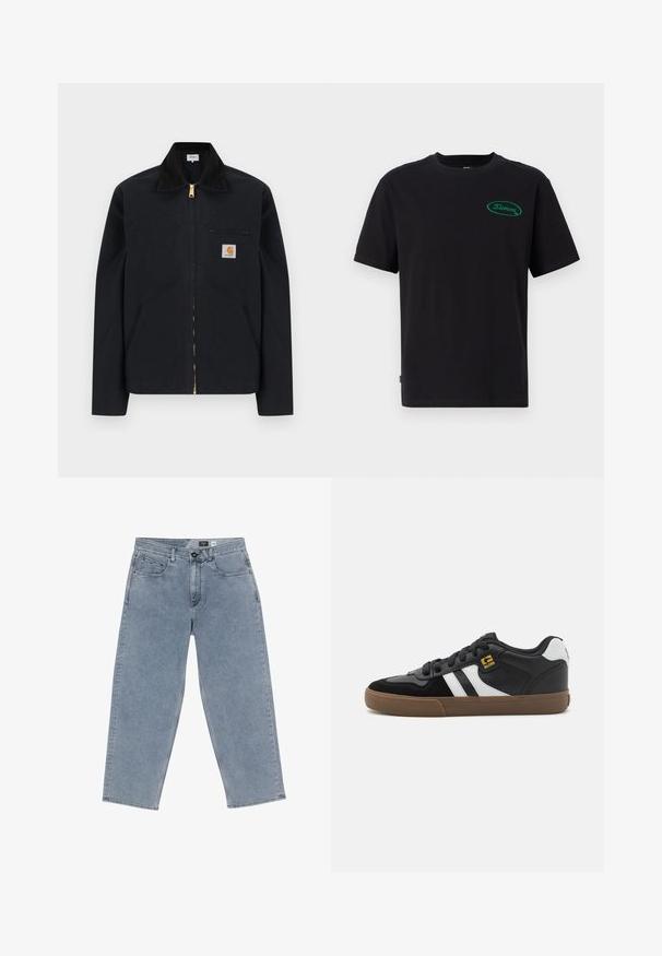 Sort lynlåstrøje med sort krave, lommer foran, brystlomme med lynlås og Carhartt-logo på venstre bryst.; Sort bomulds T-shirt med korte ærmer, en klassisk rund hals, med et grønt ovalt logo på venstre brystområde. Enkel design.; Lysblå denim brede bukser med knaplukning, fem lommer og lige ben. Blød tekstur, minimal falming og ren syning.; Sorte og hvide sneakers med overdel i ruskind og læder, der har hvide striber, sorte snørebånd og en brun gummisål. Guld logo detaljer.