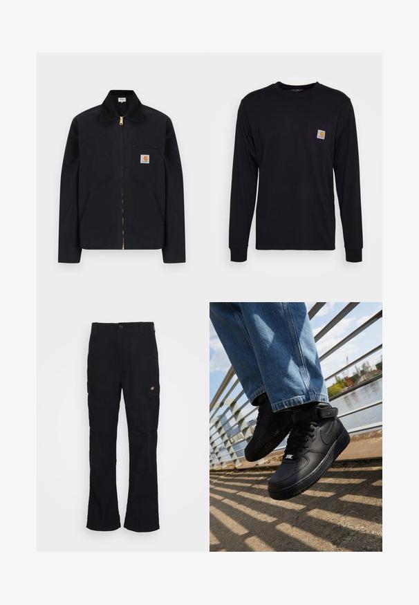 Sort lynlåstrøje med sort krave, lommer foran, brystlomme med lynlås og Carhartt-logo på venstre bryst.; Sort langærmet skjorte lavet af bomuld. Har en brystlomme med en kvadratisk grå etiket og orange logo. Enkel, ensfarvet design.; Sorte cargo bukser med lige ben-design, fremstillet af slidstærkt stof, med sidelommer og et patch-logo på venstre side.; Sorte Nike Air Force 1 sneakers med læderoverdel, mesh-tunge og gummisål, der har et høj-top design og tykke snørebånd.