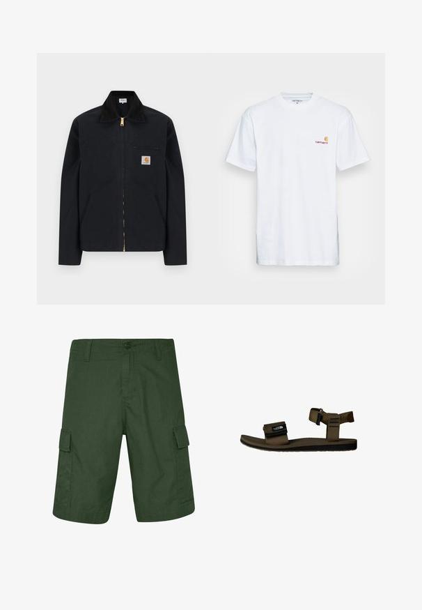 Sort lynlåstrøje med sort krave, lommer foran, brystlomme med lynlås og Carhartt-logo på venstre bryst.; Hvid bomulds t-shirt med korte ærmer. Designet med et lille orange og maroon logo på venstre bryst. Har en klassisk rund hals.; Mørkegrønne cargo shorts lavet af letvægtsstof, der har to sidelommer og knaplukning. Struktureret overflade med lige snit.; Brun rem sandal med en tekstureret fodseng, justerbar ankelrem og Velcro-lukning. Sorte accenter og logo på remmen.