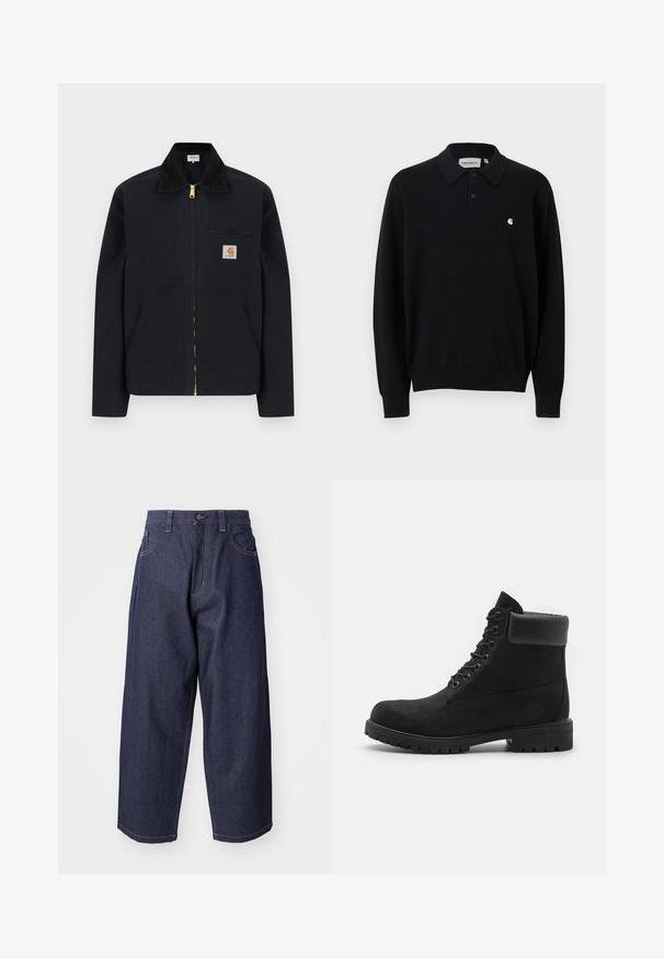 Čierna bunda na zips s čiernym golierom, prednými bočnými vreckami, hrudným vreckom na zips a nášivkou s logom Carhartt na ľavej strane hrude.; Čierne polokošeľa s dlhým rukávom, dvoma gombíkmi, rebrovanými manžetami a lemom, a malým bielym logom Carhartt na ľavej strane hrudníka.; Tmavomodré denimové džínsy s voľným, širokým strihom. Funkcie zahŕňajú zapínanie na gombík, predné vrecká a viditeľné švy.; Čierne šnurovacie členkové topánky s polstrovaným golierom a robustnou podrážkou, zobrazené zboku na bielom pozadí.