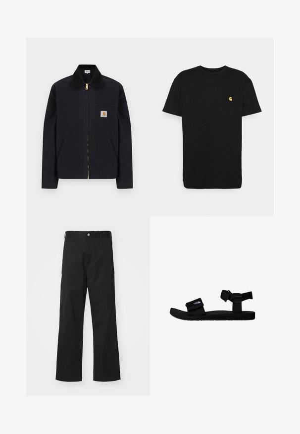 Schwarze Jacke mit Reißverschluss, schwarzem Kragen, vorderen Seitentaschen, Reißverschlusstasche auf der Brust und Carhartt-Logoaufnäher auf der linken Brustseite.; Schwarzes Baumwoll-T-Shirt mit kurzen Ärmeln, Rundhalsausschnitt und einem kleinen gelben Logo im linken Brustbereich. Einfaches Design und normale Passform.; Schwarze Hose aus strapazierfähigem Material mit geradem Schnitt, ausgestattet mit einem vorderen Knopfverschluss, Gürtelschlaufen und ohne sichtbare Muster oder Akzente.; Schwarze Sandalen mit verstellbaren Stoffriemen, strukturiertem Gummisohle und einem Logopatch. Entworfen für Komfort und die Nutzung im Freien.