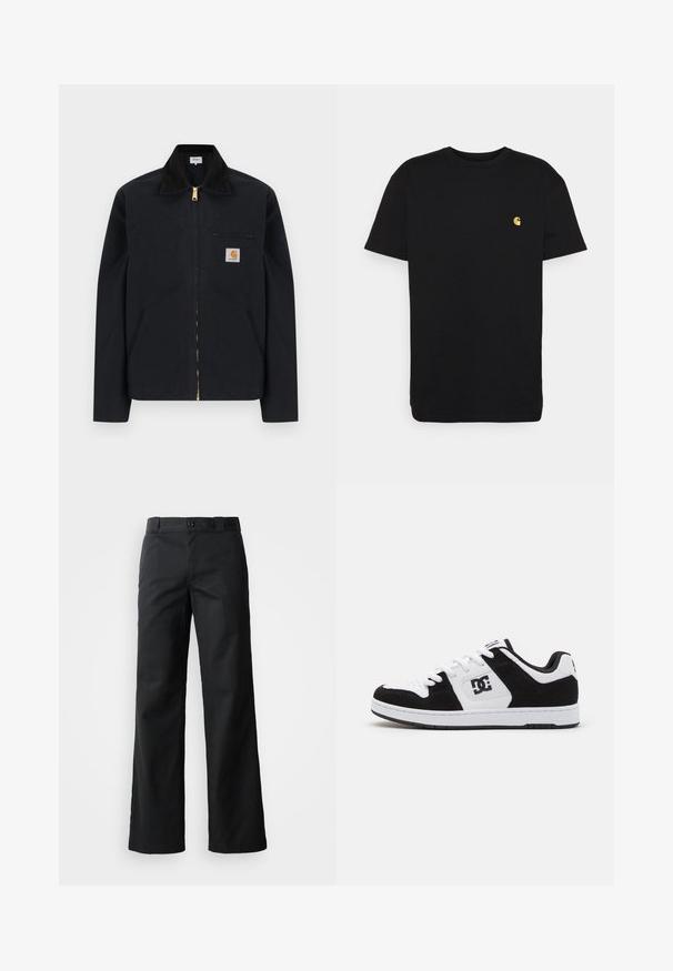 Chaqueta negra con cremallera, cuello negro, bolsillos laterales frontales, bolsillo con cremallera en el pecho y parche con el logo de Carhartt en el pecho izquierdo.; Camiseta de algodón negra con mangas cortas, cuello redondo y un pequeño logo amarillo en el área del pecho izquierdo. Diseño simple y ajuste regular.; Pantalones de pierna ancha negros en una tela suave. Cuenta con un cierre de botón, lazos para cinturón y bolsillos laterales. Silueta limpia y ajustada.; Zapatilla en blanco y negro con una combinación de materiales de cuero y ante, que presenta una puntera perforada, acentos texturizados y detalle del logo.