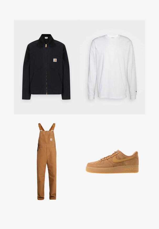 Sort lynlåstrøje med sort krave, lommer foran, brystlomme med lynlås og Carhartt-logo på venstre bryst.; Hvid langærmet T-shirt lavet af bomuld. Rund halsudskæring med ribbede manchetter og et lille logo på venstre ærme. Glat tekstur.; Carhartt WIP BIB OVERALL DEARBORN CANVAS - Overall /Buksedragter - hamilton brown rinsed; Nike Sportswear AIR FORCE 1 07 - Sneakers - flax/wheat/light brown/black/team gold