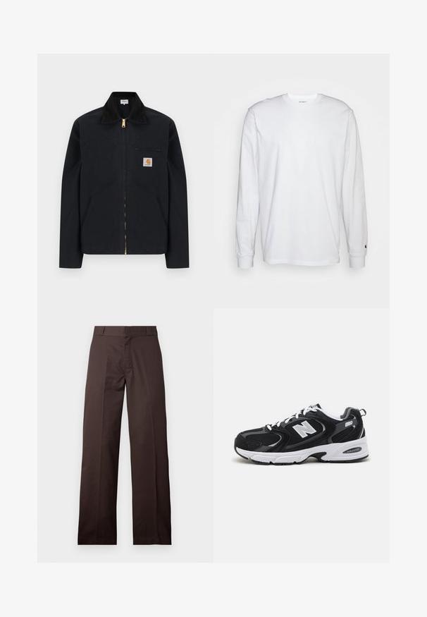 Veste noire à fermeture éclair avec col noir, poches latérales avant, poche zippée sur la poitrine et écusson logo Carhartt sur la poitrine gauche.; T-shirt blanc à manches longues en coton. Design à col rond avec des poignets côtelés et un petit logo sur la manche gauche. Texture lisse.; Pantalon marron droit avec passants de ceinture et fermeture éclair à l'avant, présenté sur un fond clair uni.; Baskets de sport noires et grises avec un tige en mesh et en suède, présentant une semelle intermédiaire blanche, des lacets et un logo "N" audacieux sur le côté.