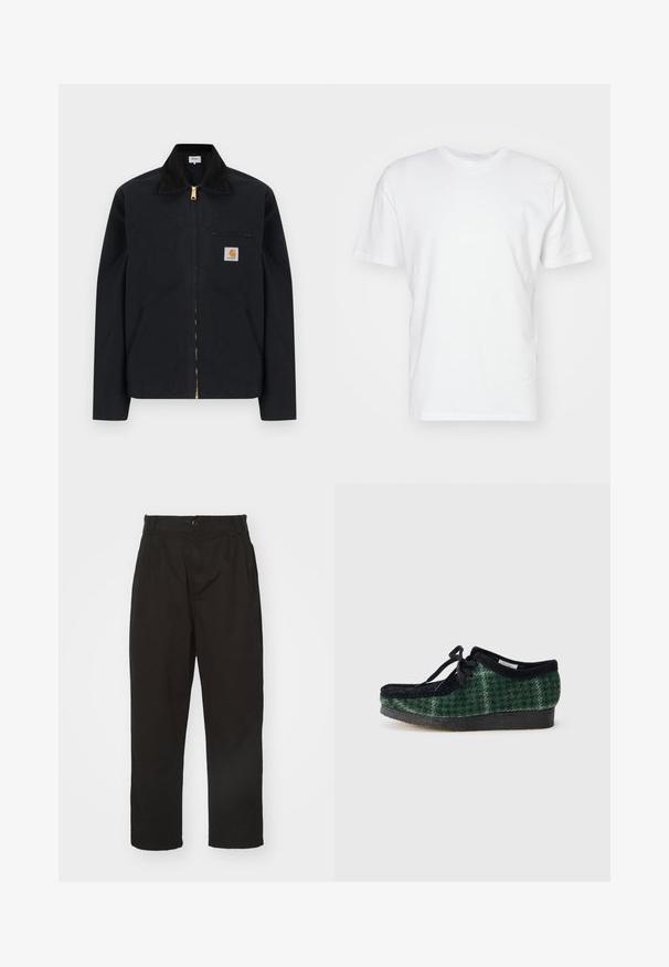 Chaqueta negra con cremallera, cuello negro, bolsillos laterales frontales, bolsillo con cremallera en el pecho y parche con el logo de Carhartt en el pecho izquierdo.; Camiseta de algodón blanca con manga corta, escote redondo y una textura suave. Diseño simple sin patrones ni gráficos.; Pantalones negros de tela suave, con cierre de botón, corte recto y dos pliegues frontales que añaden detalle.; Zapatos de patrón verde y negro con parte superior de ante, que presentan una puntera redondeada, cordones y una suela de goma texturizada.