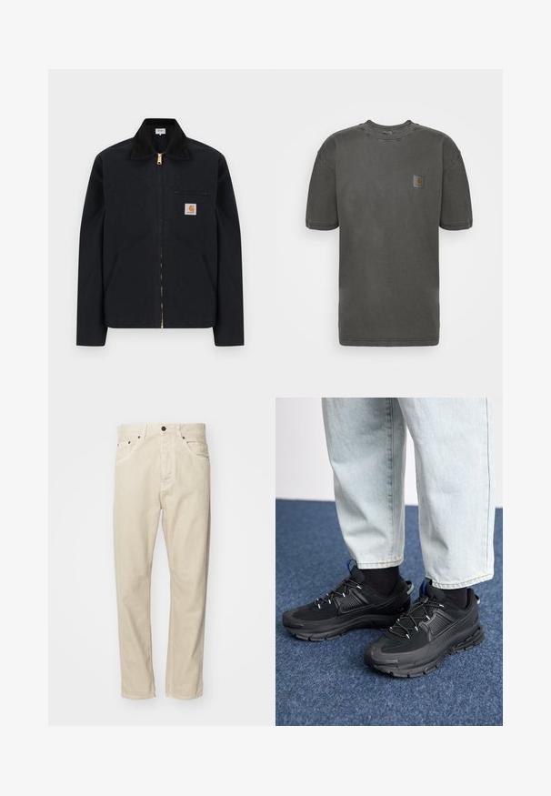 Čierna bunda na zips s čiernym golierom, prednými bočnými vreckami, hrudným vreckom na zips a nášivkou s logom Carhartt na ľavej strane hrude.; Carhartt WIP NELSON - Základné tričko - black garment dyed; Bežové bavlnené nohavice so strihom s rovnými nohami, piatimi vreckami a kovovými akcentmi. Hladká textúra s minimálnymi švovými detailmi.; Čierne športové topánky s textúrovanou tkaninou a gumovou podrážkou, so elastickými šnúrkami a modrým akcentom na päte. Nosia sa s svetlými riflami.