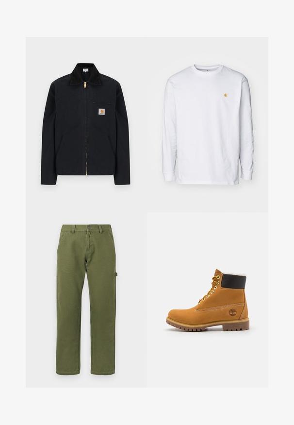 Čierna bunda na zips s čiernym golierom, prednými bočnými vreckami, hrudným vreckom na zips a nášivkou s logom Carhartt na ľavej strane hrude.; Biely tričko s dlhým rukávom z bavlny. Na hrudi má malé zlaté logo a okrúhly výstrih. Jednoduchý dizajn a štandardný strih.; Rovné olivové nohavice so prednými vreckami, pútkom na opasok, zapínaním na gombík a bočným úchytom na utilitárne predmety na jednofarebnom pozadí.; Hnedé kožené ankle boot s kovovými očkami, bielym kožúškom vo vnútri, čiernym vypolstrovaným golierom, robustnou podrážkou a vyrazeným logom na boku.