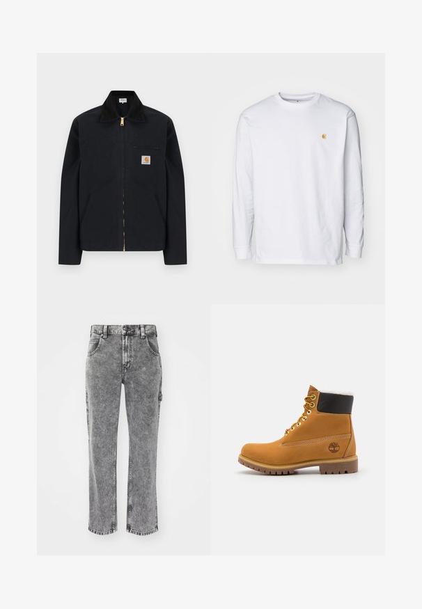 Čierna bunda na zips s čiernym golierom, prednými bočnými vreckami, hrudným vreckom na zips a nášivkou s logom Carhartt na ľavej strane hrude.; Biely tričko s dlhým rukávom z bavlny. Na hrudi má malé zlaté logo a okrúhly výstrih. Jednoduchý dizajn a štandardný strih.; Šedé džíny z denimu s vysokým pásom, rovnou nohavicou, dierkovanou textúrou a piatimi vreckami. Viditeľné švy a detaily so značkovým hardvérom.; Hnedé kožené ankle boot s kovovými očkami, bielym kožúškom vo vnútri, čiernym vypolstrovaným golierom, robustnou podrážkou a vyrazeným logom na boku.