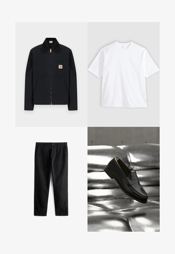 Zwarte jas met ritssluiting, zwarte kraag, steekzakken aan de voorkant, borstzak met rits en Carhartt-logo op de linkerborst.; Wit T-shirt met korte mouwen van katoen, met een ronde hals en een rechte snit. Label zichtbaar op de onderste zijzoom.; Zwarte broek van duurzaam materiaal, met twee voorzakken, een knoopsluiting, een platte voorkant en een recht gesneden pijp.; Zwarte leren loafer zweeft boven een glanzende zilveren leren bank met knopen in een minimalistische setting.