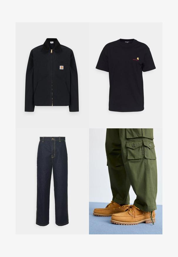 Čierna bunda na zips s čiernym golierom, prednými bočnými vreckami, hrudným vreckom na zips a nášivkou s logom Carhartt na ľavej strane hrude.; Čierne bavlnené tričko s krátkymi rukávmi, okrúhlym výstrihom a malým farebným logom na ľavej hrudi. Klasický strih s hladkou textúrou.; Široké tmavé denims nohavice s žltým prešitím, so zapínaním na prednej strane a bočnými vreckami. Hladká textúra a tradičný dizajn.; Timberland AUTHENTIC 3 EYE - Jachtárska obuv - wheat