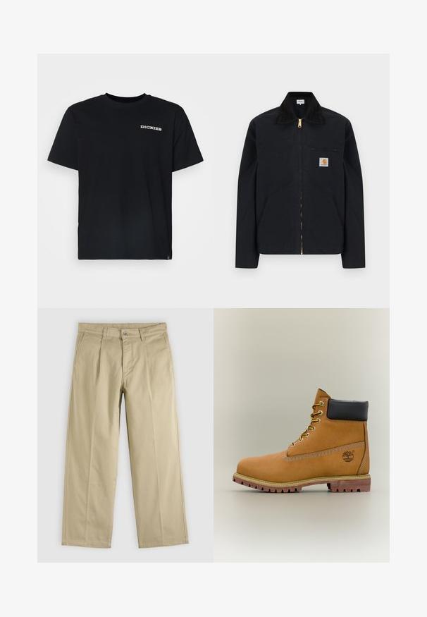 Čierna bunda na zips s čiernym golierom, prednými bočnými vreckami, hrudným vreckom na zips a nášivkou s logom Carhartt na ľavej strane hrude.; Čierne bavlnené tričko s okrúhlym výstrihom. Na hrudi sa nachádza biele logo "DICKIES". Krátke rukávy a rovný lem. Mäkká a hladká textura.; Béžové nohavice s rovným strihom, prednými záhybmi, pútkami na opasok, bočnými vreckami a zapínaním na gombík v páse.; Hnedá kožená členková členková obuv s čiernym golierom, žltými šnúrkami a béžovou podrážkou. Má logo a biele prešívanie. Hrubá podrážka s dobrým záberom.