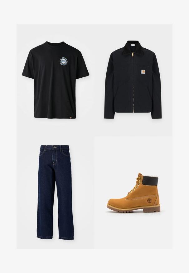 Chaqueta negra con cremallera, cuello negro, bolsillos laterales frontales, bolsillo con cremallera en el pecho y parche con el logo de Carhartt en el pecho izquierdo.; Camiseta de algodón negra con un logotipo redondo en el pecho. Diseño de manga corta y cuello redondo con un corte recto en el dobladillo.; Jeans de pierna ancha de color azul oscuro, hechos de denim, con corte recto, diseño de cinco bolsillos y costuras de acabado a lo largo del dobladillo.; Botín de cuero marrón con ojales de metal, forro de piel sintética blanca, cuello acolchado negro, suela resistente y logotipo en relieve en el costado.
