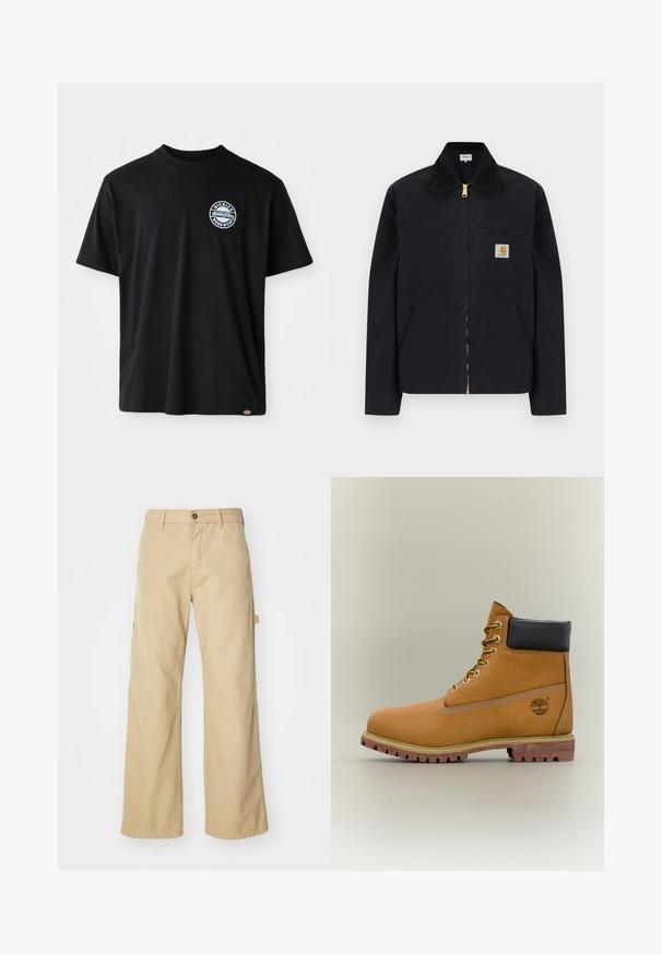 Sort lynlåstrøje med sort krave, lommer foran, brystlomme med lynlås og Carhartt-logo på venstre bryst.; Sort bomulds-T-shirt med et rundt logo på brystet. Korte ærmer og rund halsudskæring med lige snit ved kanten.; Beige brede cargo bukser med knaplukning, der har sidelommer, lavet af slidstærkt bomuldsstof, glat tekstur og lige skæring.; Brun læderankelstøvle med sort krave, gule snørebånd og tanfarvet sål. Har logo og hvide syninger som detalje. Robust ydersål med greb.