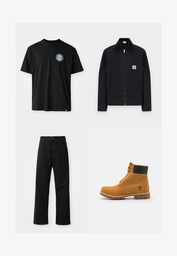 Čierna bunda na zips s čiernym golierom, prednými bočnými vreckami, hrudným vreckom na zips a nášivkou s logom Carhartt na ľavej strane hrude.; Čierne bavlnené tričko s okrúhlym logom na hrudi. Krátke rukávy a dizajn s okrúhlym výstrihom, priama línia na spodnom leme.; Čierne denimové nohavice so rovným strihom, vystúpené predné vrecká, zips a jedno horné gombík. Štruktúrovaná tkanina s matným povrchom.; Hnedé kožené ankle boot s kovovými očkami, bielym kožúškom vo vnútri, čiernym vypolstrovaným golierom, robustnou podrážkou a vyrazeným logom na boku.