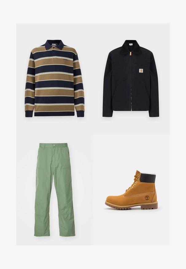 Čierna bunda na zips s čiernym golierom, prednými bočnými vreckami, hrudným vreckom na zips a nášivkou s logom Carhartt na ľavej strane hrude.; Polo s dlhými rukávmi v námorníckej modrej, pieskovej a bielej farbe s vertikálnymi pruhmi; má golier, tri gombíky na zapínanie a vyšívané logo na hrudi.; Svetlozelené nohavice vo voľnom strihu s hladkým povrchom, so bočnými vreckami a viditeľnými stehmi. Plnej dĺžky s rovný strihom nohavíc.; Hnedé kožené ankle boot s kovovými očkami, bielym kožúškom vo vnútri, čiernym vypolstrovaným golierom, robustnou podrážkou a vyrazeným logom na boku.