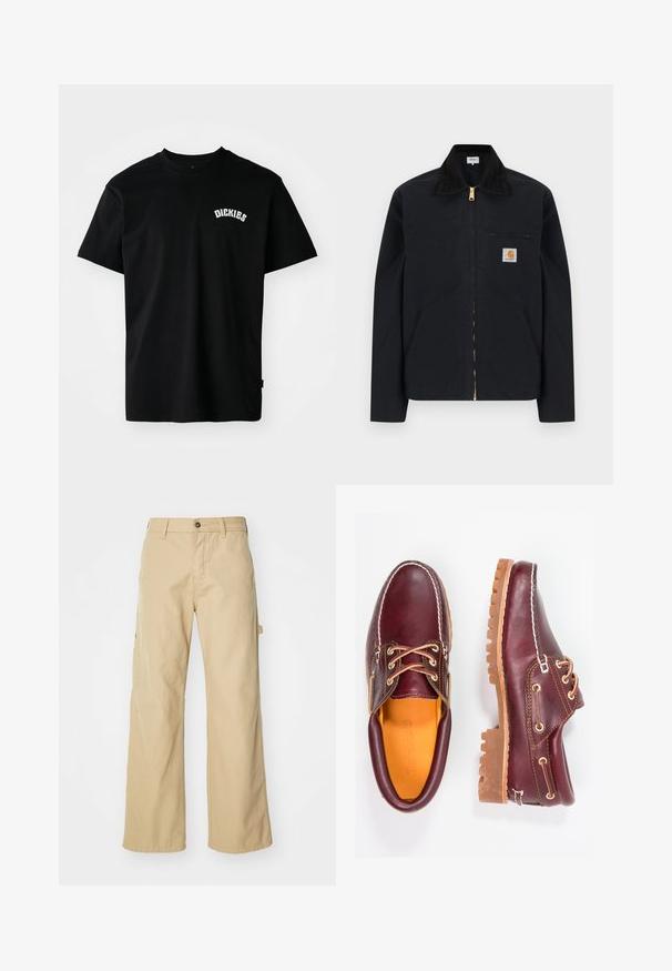 Schwarze Jacke mit Reißverschluss, schwarzem Kragen, vorderen Seitentaschen, Reißverschlusstasche auf der Brust und Carhartt-Logoaufnäher auf der linken Brustseite.; Schwarzes Baumwoll-T-Shirt mit kurzen Ärmeln und Rundhalsausschnitt. Mit einem weißen, geschwungenen Logo "DICKIES" auf der Brust. Schlichtes Design, ohne Muster.; Beigeweite Cargo-Hosen mit Knopfverschluss, ausgestattet mit Seitentaschen, aus strapazierfähigem Baumwollstoff, mit glatter Textur und geradem Schnitt.; Bordeauxfarbene Lederschuhe mit braunen Gummisohlen, runder Zehenform, weißen Nähten und goldenen Ösen. Das Innenfutter weist eine gelbe Beschichtung auf.