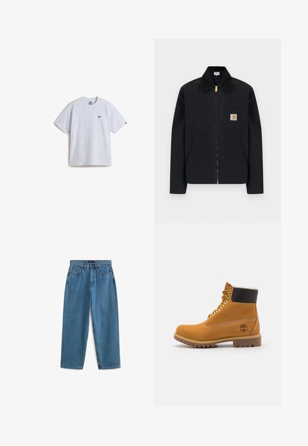 Chaqueta negra con cremallera, cuello negro, bolsillos laterales frontales, bolsillo con cremallera en el pecho y parche con el logo de Carhartt en el pecho izquierdo.; Camiseta de manga corta gris claro hecha de algodón, con un pequeño logo negro en el pecho y un cuello redondo. Diseño simple, sin patrones.; Vaqueros de denim azul de pierna recta con botón y cremallera delanteros, cinco bolsillos y trabillas para cinturón, mostrados sobre fondo blanco.; Botín de cuero marrón con ojales de metal, forro de piel sintética blanca, cuello acolchado negro, suela resistente y logotipo en relieve en el costado.