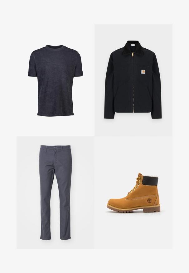 Zwarte jas met ritssluiting, zwarte kraag, steekzakken aan de voorkant, borstzak met rits en Carhartt-logo op de linkerborst.; Donkerblauw t-shirt met korte mouwen gemaakt van zachte stof. Heeft een ronde hals en een gladde textuur, met minimale details.; Donkergrijze chino's van een katoenen stofmix. Voorzien van een knoop- en ritssluiting, riemlussen en een rechte pasvorm.; Bruine leren enkellaars met metalen oogjes, witte faux bont voering, zwarte gewatteerde kraag, robuuste zool en een reliëflogo aan de zijkant.