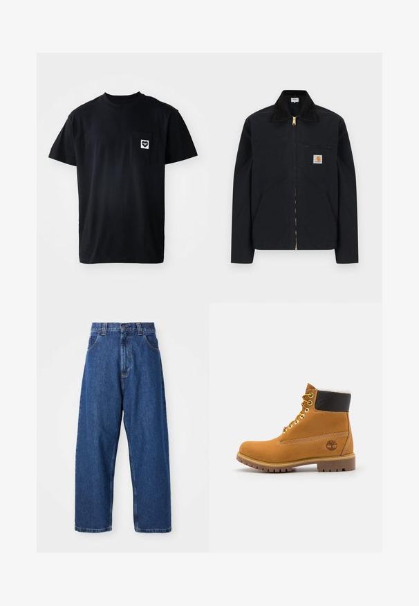 Chaqueta negra con cremallera, cuello negro, bolsillos laterales frontales, bolsillo con cremallera en el pecho y parche con el logo de Carhartt en el pecho izquierdo.; Camiseta de algodón negra con cuello redondo, mangas cortas y un bolsillo en el lado izquierdo del pecho que presenta un logotipo en forma de corazón en blanco.; Jeans de pierna ancha de denim en azul oscuro. Presentan una cintura alta, trabillas para cinturón y un diseño clásico de cinco bolsillos. Bajo cosido con un acabado limpio.; Botín de cuero marrón con ojales de metal, forro de piel sintética blanca, cuello acolchado negro, suela resistente y logotipo en relieve en el costado.