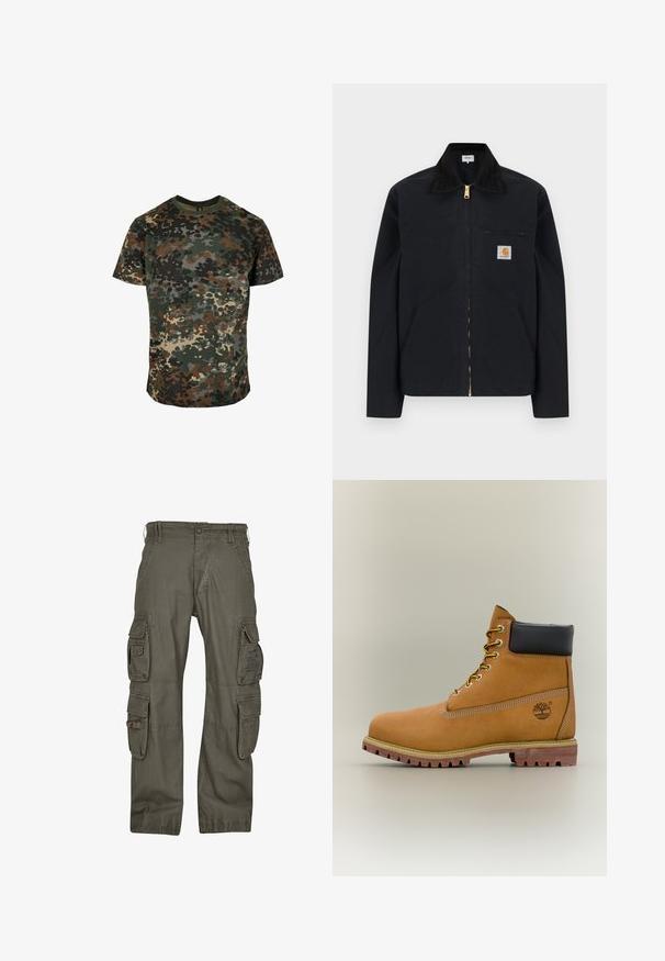 Chaqueta negra con cremallera, cuello negro, bolsillos laterales frontales, bolsillo con cremallera en el pecho y parche con el logo de Carhartt en el pecho izquierdo.; Camiseta de camuflaje hecha de algodón, con un estampado multicolor en verde, marrón y negro. Cuello redondo y mangas cortas.; Pantalones cargo de algodón verde oliva, con múltiples bolsillos laterales, un corte holgado y costuras reforzadas para mayor durabilidad.; Bota de tobillo de cuero marrón con cuello negro, cordones amarillos y suela beige. Presenta un logotipo y detalles de costura blanca. Suela exterior con tracción robusta.