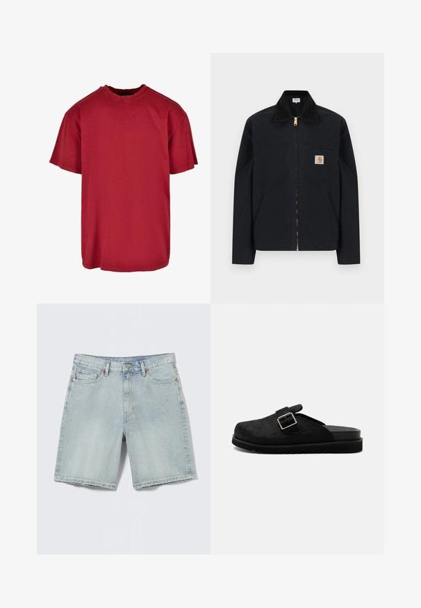 Zwarte jas met ritssluiting, zwarte kraag, steekzakken aan de voorkant, borstzak met rits en Carhartt-logo op de linkerborst.; Rode katoenen T-shirt met een ontspannen pasvorm, korte mouwen, ronde halslijn en versleten accenten bij de schouders. Geen zichtbare logo's.; Lichtblauwe denim shorts met voorzakken, riemlussen en een knoopsluiting op een effen lichte achtergrond.; Zwarte slip-on klomp met gestructureerde bovenkant, zilverkleurige gesp en dikke geribbelde zool, zijaanzicht op witte achtergrond.