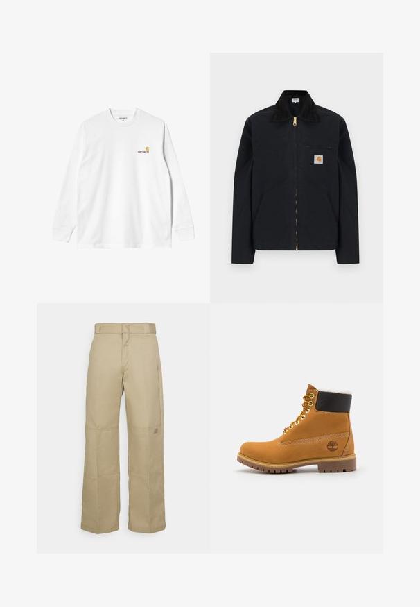 Chaqueta negra con cremallera, cuello negro, bolsillos laterales frontales, bolsillo con cremallera en el pecho y parche con el logo de Carhartt en el pecho izquierdo.; Camiseta blanca de algodón de manga larga con cuello redondo, que presenta un pequeño logo amarillo y burdeos en el lado izquierdo del pecho. Puños y dobladillo sin costuras.; Pantalones de pierna ancha color beige, confeccionados con una tela resistente, que presentan una cintura alta, costuras visibles y un pequeño parche con logo en el lateral.; Botín de cuero marrón con ojales de metal, forro de piel sintética blanca, cuello acolchado negro, suela resistente y logotipo en relieve en el costado.