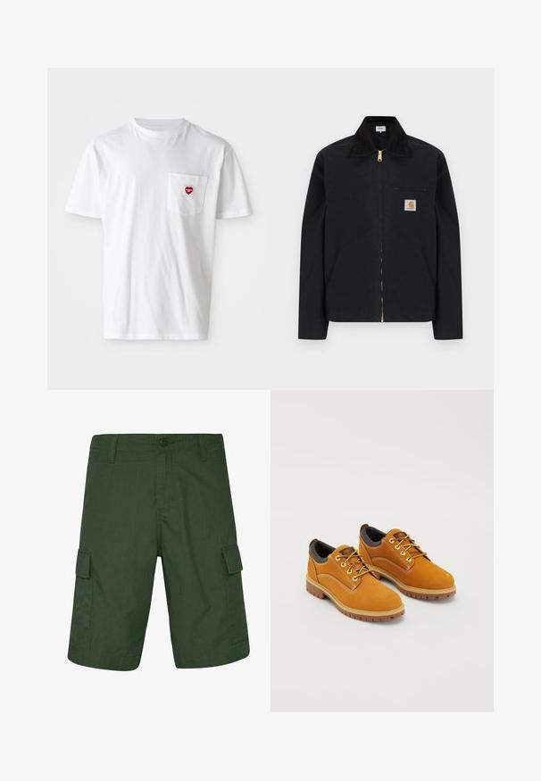 Schwarze Jacke mit Reißverschluss, schwarzem Kragen, vorderen Seitentaschen, Reißverschlusstasche auf der Brust und Carhartt-Logoaufnäher auf der linken Brustseite.; Weißes Baumwoll-T-Shirt mit rundem Halsausschnitt und kurzen Ärmeln. Verfügt über ein kleines rotes Herzlogo auf der linken Brusttasche.; Dunkelgrüne Cargo-Shorts aus leichtem Material mit zwei seitlichen Taschen und einem Knopfverschluss. Strukturiert Oberfläche mit geradem Schnitt.; Braune Wildlederschuhe mit einer runden Zehenpartie, gelben Schnürsenkeln, einem gepolsterten schwarzen Kragen und Gummisohlen mit Rillen für besseren Halt.