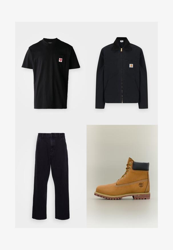 Sort lynlåstrøje med sort krave, lommer foran, brystlomme med lynlås og Carhartt-logo på venstre bryst.; Sort bomulds t-shirt med rund halsudskæring, korte ærmer og en venstre brystlomme med et rødt hjertepude og hvid tekst.; Sorte denimbukser med lige ben, der har en knap- og lynlåslukning, bæltestropper og minimale syninger.; Brun læderankelstøvle med sort krave, gule snørebånd og tanfarvet sål. Har logo og hvide syninger som detalje. Robust ydersål med greb.