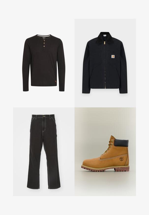 Chaqueta negra con cremallera, cuello negro, bolsillos laterales frontales, bolsillo con cremallera en el pecho y parche con el logo de Carhartt en el pecho izquierdo.; Camisa de manga larga negra hecha de una tela suave, con un cuello redondo, tapeta de botones con botones de madera y una pequeña etiqueta de logo en el dobladillo.; Pantalones de mezclilla negros con corte recto, costuras blancas en contraste, bolsillos frontales y cierre de botón en la cintura.; Bota de tobillo de cuero marrón con cuello negro, cordones amarillos y suela beige. Presenta un logotipo y detalles de costura blanca. Suela exterior con tracción robusta.