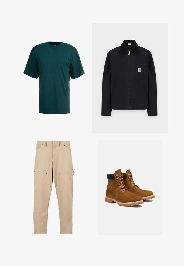 Veste noire à fermeture éclair avec col noir, poches latérales avant, poche zippée sur la poitrine et écusson logo Carhartt sur la poitrine gauche.; T-shirt en coton vert foncé à manches courtes, col ras du cou et coupe décontractée. Texture lisse sans motifs ni accents visibles.; Pantalon cargo beige en coton. Comprend plusieurs poches, une coupe droite et un système de fermeture à boutons avec des détails en métal.; Bottines en daim marron avec un col rembourré noir, œillets dorés et semelle en caoutchouc épais avec un motif à crampons pour l'adhérence.