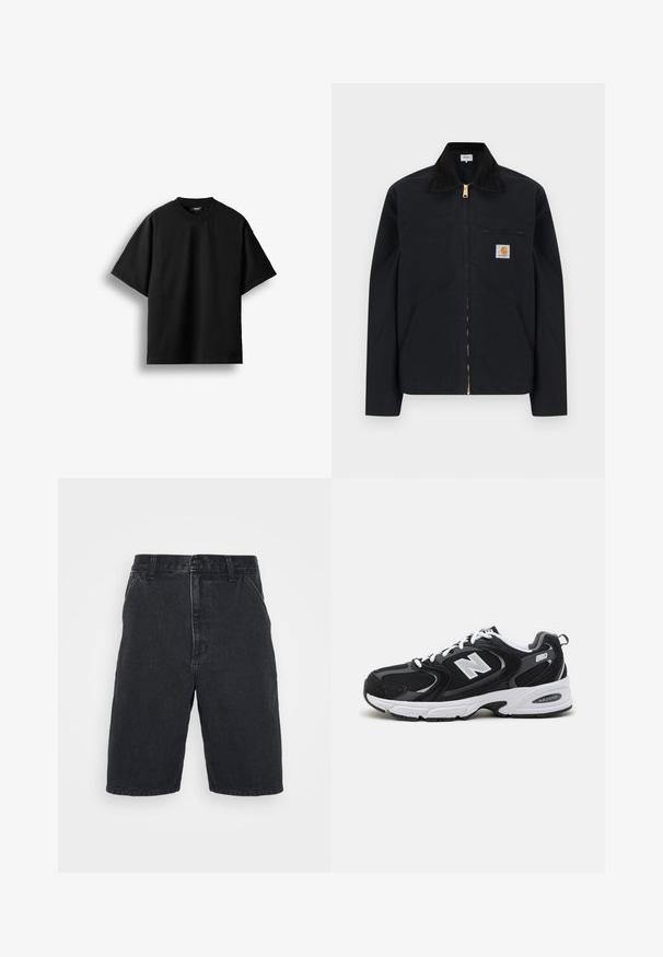 Sort lynlåstrøje med sort krave, lommer foran, brystlomme med lynlås og Carhartt-logo på venstre bryst.; Sort T-shirt med korte ærmer og rund hals, lagt fladt mod en hvid baggrund med en synlig lille nakkemærke.; Sorte denimshorts med lige snit, midt-rise talje, knaplukning foran og synlige sømdetaljer.; Sorte og grå sportssko med mesh og ruskind på overdelen, der har en hvid mellemsål, snørebånd og et iøjnefaldende "N" logo på siden.
