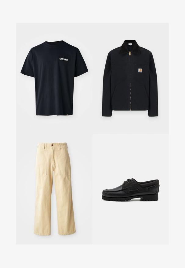 Chaqueta negra con cremallera, cuello negro, bolsillos laterales frontales, bolsillo con cremallera en el pecho y parche con el logo de Carhartt en el pecho izquierdo.; Camiseta negra de manga corta hecha de algodón, con un logo gráfico de texto blanco en el lado izquierdo del pecho, corte recto y una etiqueta en el lateral.; Pantalones de pierna ancha beige de algodón. Cuentan con una cintura alta, dos bolsillos frontales de diseño plano y un cierre de un botón.; Zapato negro con parte superior de cuero, acentos de textil, cordones redondos y suela de goma texturizada. Presenta costura de mocasín y detalle de marca.
