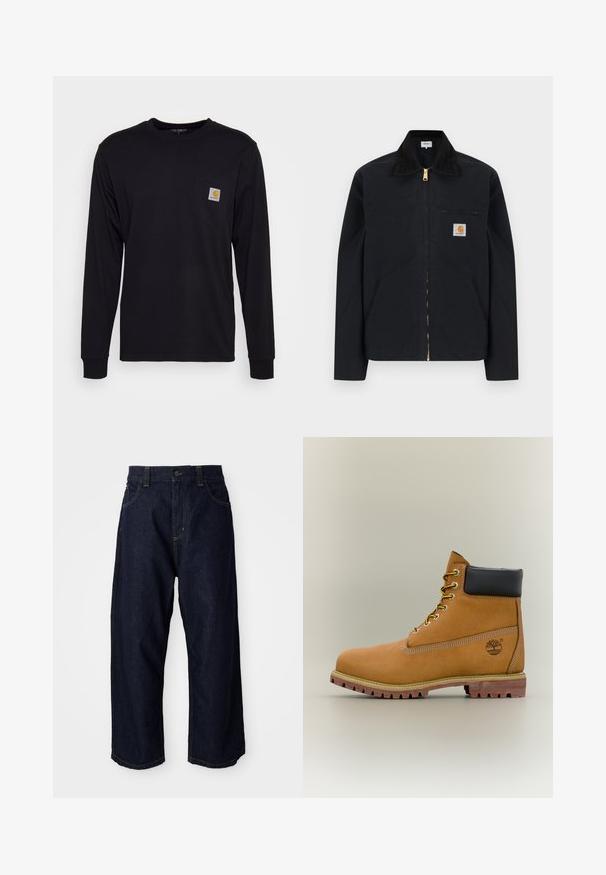 Chaqueta negra con cremallera, cuello negro, bolsillos laterales frontales, bolsillo con cremallera en el pecho y parche con el logo de Carhartt en el pecho izquierdo.; Camisa negra de manga larga hecha de algodón. Presenta un bolsillo en el pecho con una etiqueta cuadrada gris y un logo naranja. Diseño simple y de color sólido.; Pantalones de mezclilla azul oscuro con un corte relajado, que cuentan con una cremallera de botón, trabillas para cinturón y costuras y bolsillos con pespuntes amarillos.; Bota de tobillo de cuero marrón con cuello negro, cordones amarillos y suela beige. Presenta un logotipo y detalles de costura blanca. Suela exterior con tracción robusta.