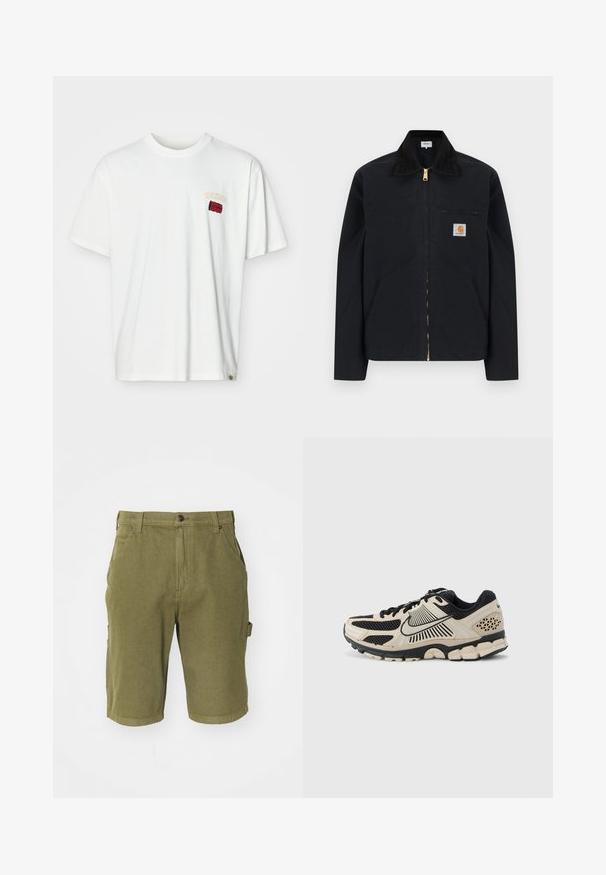 Sort lynlåstrøje med sort krave, lommer foran, brystlomme med lynlås og Carhartt-logo på venstre bryst.; Hvid bomulds T-shirt med korte ærmer, prydet med et lille broderet logo i rød og gul nær venstre bryst. Rund halsudskæring og afslappet pasform.; Oliven grønne bomulds cargo-shorts med knaplukning, bæltestropper, sidelommer og en let tekstureret stofoverflade.; Nike løbesko i creme og sort. Har mesh-overdel, teksturerede detaljer, tyk gummiydersål og bemærkelsesværdigt mellemsål design.