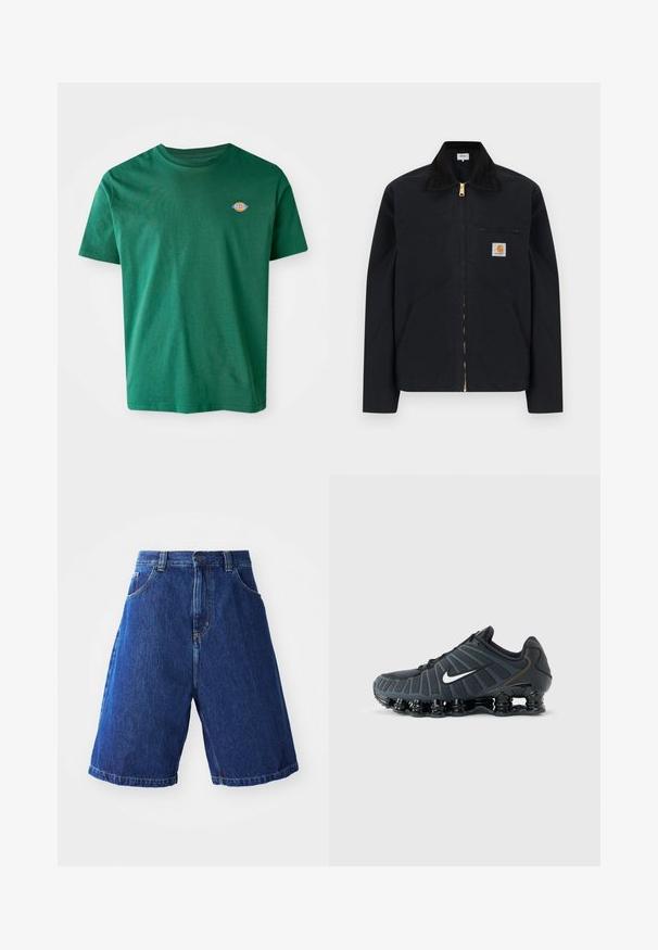 Sort lynlåstrøje med sort krave, lommer foran, brystlomme med lynlås og Carhartt-logo på venstre bryst.; Grøn bomulds T-shirt med rund halsudskæring, korte ærmer og et lille multicolor logo på venstre bryst. Blød tekstur, afslappet design.; Denimshorts med en blå vask, med en høj talje, to forlommer og gul syning langs sømmene.; Sort Nike-løbesko med hvid swoosh, polstret segmenteret sål og åndbart øverste meshdesign på ensartet grå baggrund.