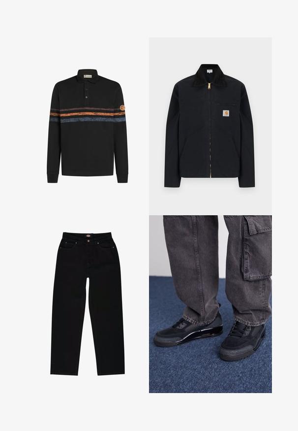 Chaqueta negra con cremallera, cuello negro, bolsillos laterales frontales, bolsillo con cremallera en el pecho y parche con el logo de Carhartt en el pecho izquierdo.; Camisa polo negra de manga larga con un patrón de rayas horizontales texturizadas en naranja y azul, y un parche de logo en la manga izquierda.; Vaqueros de mezclilla negra con corte recto, que cuentan con cinco bolsillos, costuras marrones y cierre de cremallera. Textura suave y material duradero.; Zapatillas deportivas negras con una superficie texturizada, acentos suaves y una suela gruesa, combinadas con pantalones cargo oscuros y holgados.