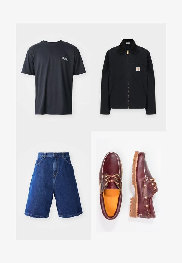 Chaqueta negra con cremallera, cuello negro, bolsillos laterales frontales, bolsillo con cremallera en el pecho y parche con el logo de Carhartt en el pecho izquierdo.; Camiseta negra de manga corta hecha de una tela suave, con un pequeño logo blanco en la parte izquierda del pecho. Corte regular con cuello redondo.; Shorts de mezclilla con un lavado azul, con una cintura alta, dos bolsillos delanteros y costuras amarillas a lo largo de las costuras.; Zapatos de cuero burdeos con suelas de goma marrón, puntera redonda, costuras blancas y ojales dorados. El interior cuenta con un forro amarillo.