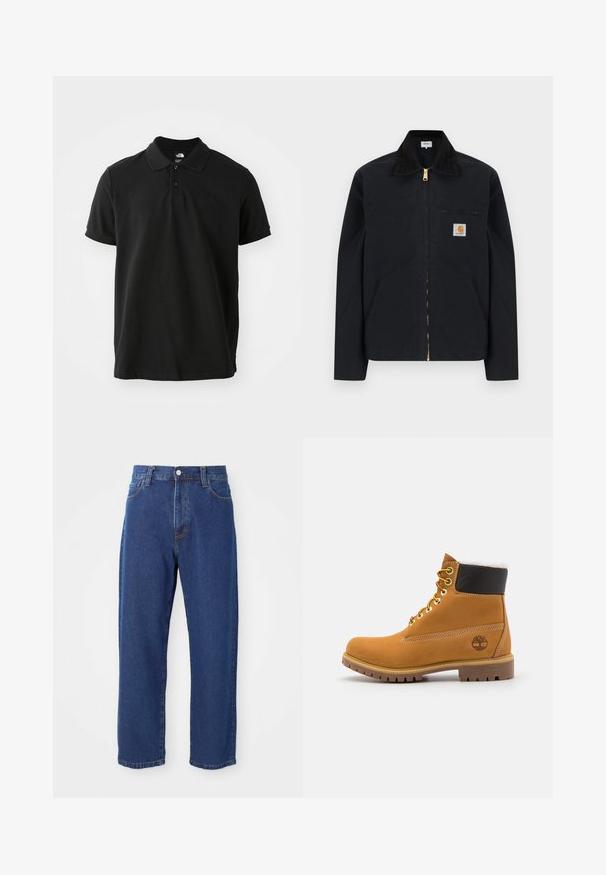 Veste noire à fermeture éclair avec col noir, poches latérales avant, poche zippée sur la poitrine et écusson logo Carhartt sur la poitrine gauche.; Polo noir en coton, doté d'un col classique, de manches courtes et d'un logo sombre et subtil sur la poitrine. Texture lisse.; Jeans en denim taille haute de couleur bleue, avec une coupe droite, des coutures visibles et une fermeture à bouton à l'avant.; Bottine en cuir brun avec œillets en métal, doublure en fourrure blanche, col rembourré noir, semelle robuste et logo en relief sur le côté.