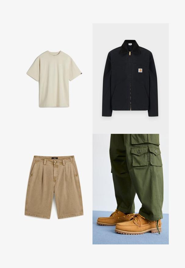 Zwarte jas met ritssluiting, zwarte kraag, steekzakken aan de voorkant, borstzak met rits en Carhartt-logo op de linkerborst.; Beige katoenen T-shirt met korte mouwen, een ronde hals en een klein wit logo op de borst. Soepele textuur met een ontspannen pasvorm.; Beige casual mid-length shorts met voorzakken, ceintuurlussen, knoopsluiting en Vans merklabel op de tailleband.; Timberland AUTHENTIC 3 EYE - Bootschoenen - wheat