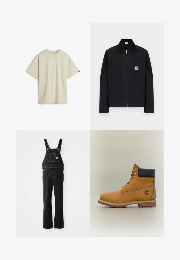 Sort lynlåstrøje med sort krave, lommer foran, brystlomme med lynlås og Carhartt-logo på venstre bryst.; Beige bomulds T-shirt med korte ærmer, rund halsudskæring og et lille hvidt logo på brystet. Glat tekstur med en afslappet pasform.; Sorte denim overalls har justerbare stropper, en frontlomme og gyldne hardware-detaljer. Stoffet har en tekstureret, robust overflade.; Brun læderankelstøvle med sort krave, gule snørebånd og tanfarvet sål. Har logo og hvide syninger som detalje. Robust ydersål med greb.