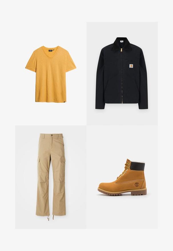 Sort lynlåstrøje med sort krave, lommer foran, brystlomme med lynlås og Carhartt-logo på venstre bryst.; Gul v-hals t-shirt lavet af blødt, struktureret stof. Korte ærmer og en afslappet pasform. Har et lille mærke på den nederste side.; Khaki cargo bukser lavet af slidstærkt stof, der har flere sidelommer, en lige ben-design og justerbare snore i kanten.; Brune læder ankelstøvle med metaløjer, hvid pelsforing, sort polstret krave, robust sål og præget logo på siden.
