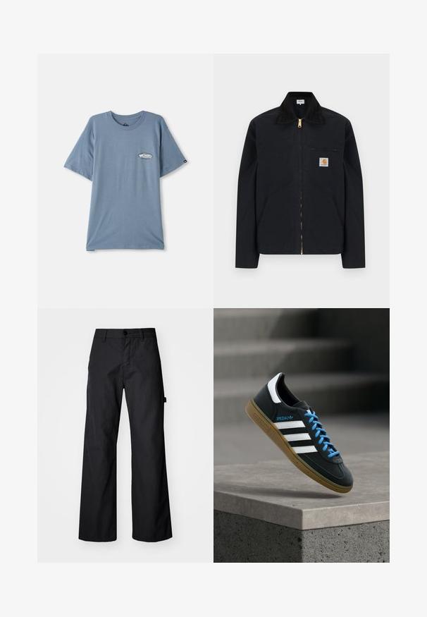 Zwarte jas met ritssluiting, zwarte kraag, steekzakken aan de voorkant, borstzak met rits en Carhartt-logo op de linkerborst.; Blauwe katoenen t-shirt met korte mouwen, ronde hals, en een kleine logo-opdruk op de linkerborst. Zachte textuur, ontspannen pasvorm.; Zwarte, wijde broek gemaakt van duurzaam materiaal. Voorzien van een knoopsluiting en zijzakken. Glad textuur met een strakke uitstraling.; Zwarte Adidas-sneaker met witte strepen, blauwe veters en een gumzool die boven een grijze betonnen trede zweeft in zacht licht.