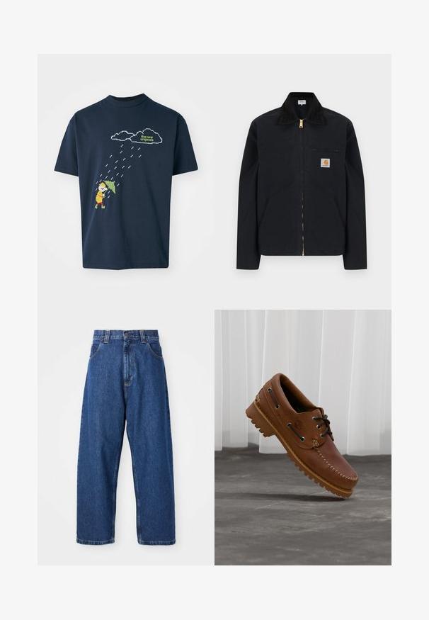Čierna bunda na zips s čiernym golierom, prednými bočnými vreckami, hrudným vreckom na zips a nášivkou s logom Carhartt na ľavej strane hrude.; Námornícky modré bavlnené tričko s pixelovanou grafikou postavy s dáždnikom pod mrakmi a dažďovými kvapkami, s textom nad ním v svetlo zelenej farbe.; Džínsy s širokými nohavicami v tmavomodrej farbe. Majú vysoký pás, vypchávky na opasok a klasický dizajn s piatimi vreckami. Šitý lem s čistým zakončením.; Hnedá kožená lodná obuv s čiernymi šnúrkami, béžovým prešívaním a robustnou podrážkou, zavesená nad sivou betónovou podlahou.