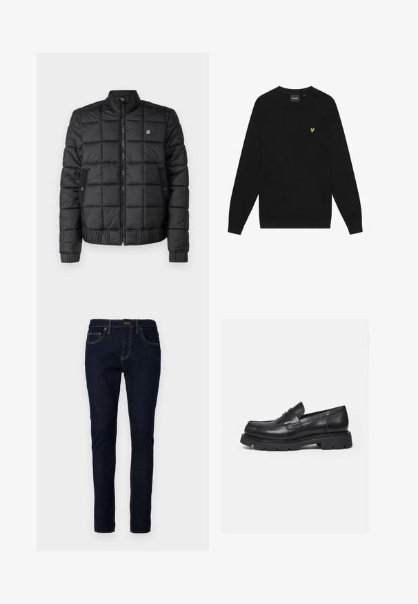 Schwarze gesteppte Daunenjacke mit Frontreißverschluss, Stehkragen, zwei Seitentaschen mit Druckknöpfen und einem kleinen Logo auf der Brust.; Schwarzes Baumwoll-Sweatshirt mit langen Ärmeln und Rundhalsausschnitt. Mit einem kleinen gelben Adler-Logo auf der Brust. Weiche Textur.; Dunkelblaue Jeans aus Denim im Slim-Fit, mit gestickten Details, fünf Taschen und einem Knopfverschluss an der Taille.; Schwarzer Lederloafer mit dicker, profilierter Sohle und Pennyriemen-Detail, von der rechten Seitenansicht auf weißem Hintergrund gezeigt.