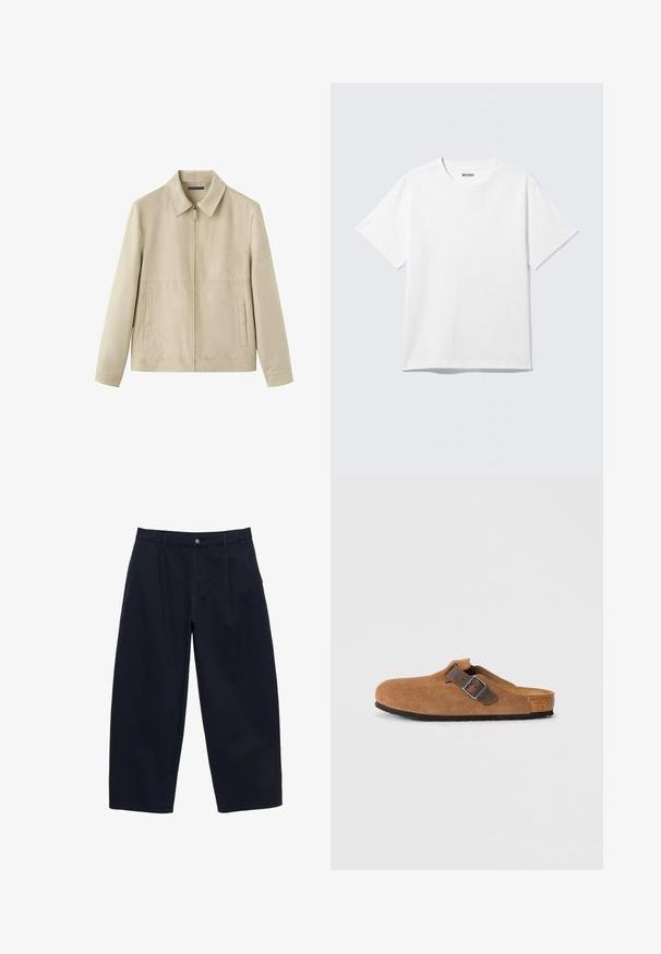 Beige lynlåsjakke med krave og to lodrette sidelommer, med lange ærmer og et enkelt, rent design.; Hvid kortærmet crewneck T-shirt lagt fladt ud, ensfarvet design, med "WEEKDAY" mærkat inde i kraven på en lys baggrund.; Mørkeblå brede cropped bukser med knap- og lynlås foran, bæltestropper og sidelommer.; Brune ruskindsklogs med en justerbar brun læderrem og sølv spænde, der har en formet korkfodbed og en tekstureret gummi sål.