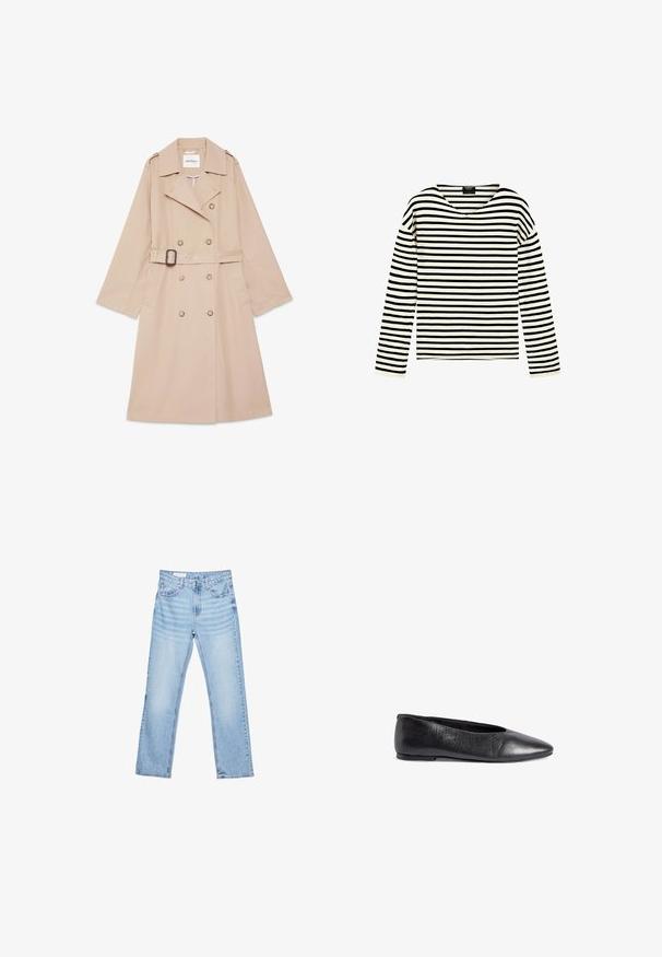 Beige dobbeltradet trenchcoat med bælte, brede slag, skulderklaffer og sidelommer, lagt fladt på hvid baggrund.; Langærmet skjorte med sorte og hvide vandrette striber og V-hals krave, vist på en ensfarvet hvid baggrund.; Lyseblå denimjeans med lige pasform, fem-lomme-design og synlig syning. Mellem-høj talje med klassisk knap- og lynlåslukning.; Sort læderballetsko med spids tå, glat tekstur, minimalistisk design og en svag hæl for stabilitet.