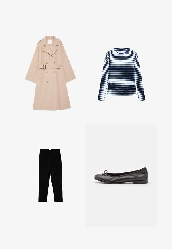 Beige dubbelgeknoopte trenchcoat met riem, brede revers, schouderepauletten en zijzakken, plat gelegd op een witte achtergrond.; Langarm T-shirt met ronde hals en horizontale marineblauwe en witte strepen, gemaakt van lichtgewicht stof, plat gelegd op een witte achtergrond.; Zwarte op maat gemaakte broek tot aan de enkel met zijzakken en een licht taps toelopende pijp, plat liggend op een witte achtergrond.; Zwarte leren ballerina's met een ronde neus, een klein strikaccent aan de voorkant en een lage, rechthoekige hak. Gladde textuur.